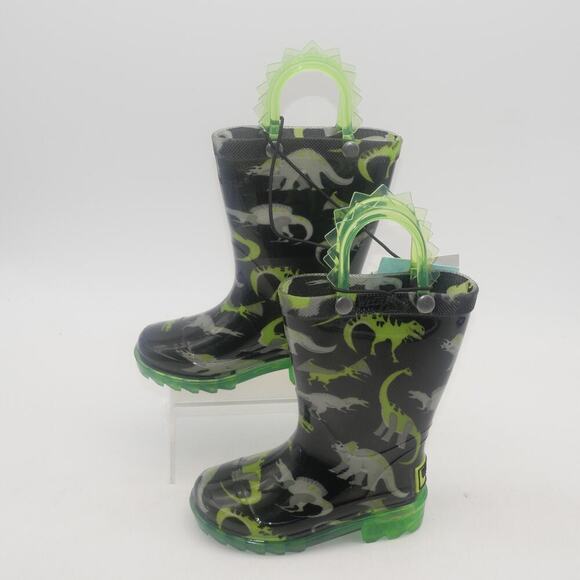 NEW Western Chief Dinosaur Light Up Rain Boots Green Pull Up Toddler Boys 5 - Picture 2 of 9